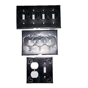 Silver Punch Tin Hearts Folk Art Light Switch Plate Covers Set Of 3 Vtg Country
